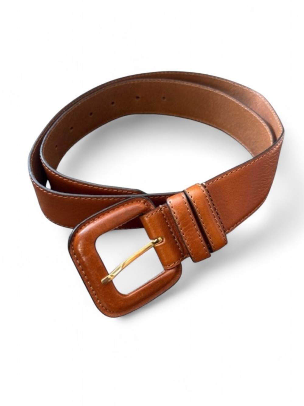 Zara Caramel Brown Classic Leather Belt with Square Buckle and Gold Tone Accents